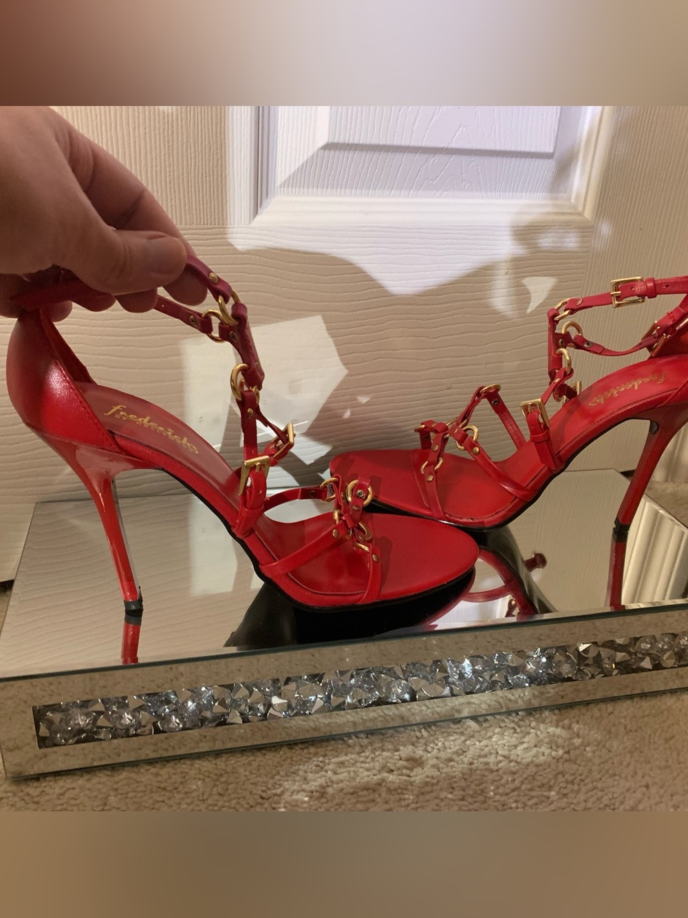 Frederick's of Hollywood Red Strappy Stiletto Sandals with Gold Hardware
